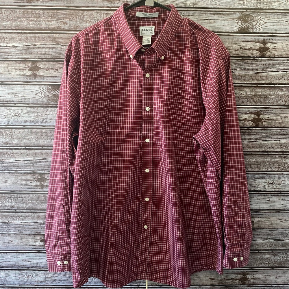 LL Bean Men's Long-Sleeved Button-Down Shirt Size XL Burgundy White Wrinkle Free